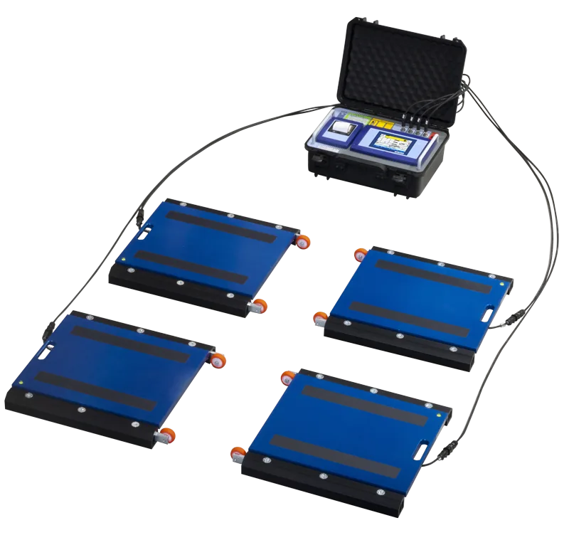 Radlastwaagen-Set mit 4 WWS-Pads und Touchscreen-Wägeterminal im Koffer